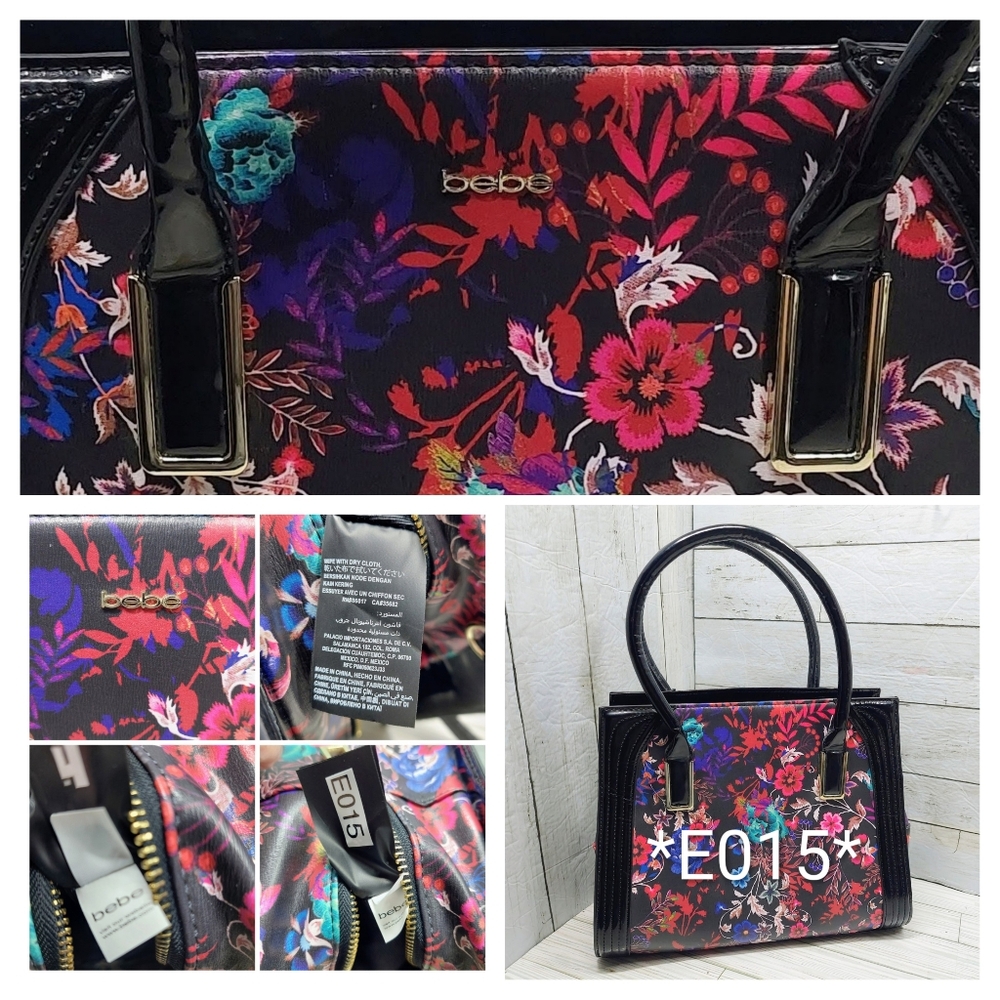 Bebe Black Multi-Floral Print Med/Lrg 2Handle Zip Pockets Square Satchel Handbag - Picture 8 of 8